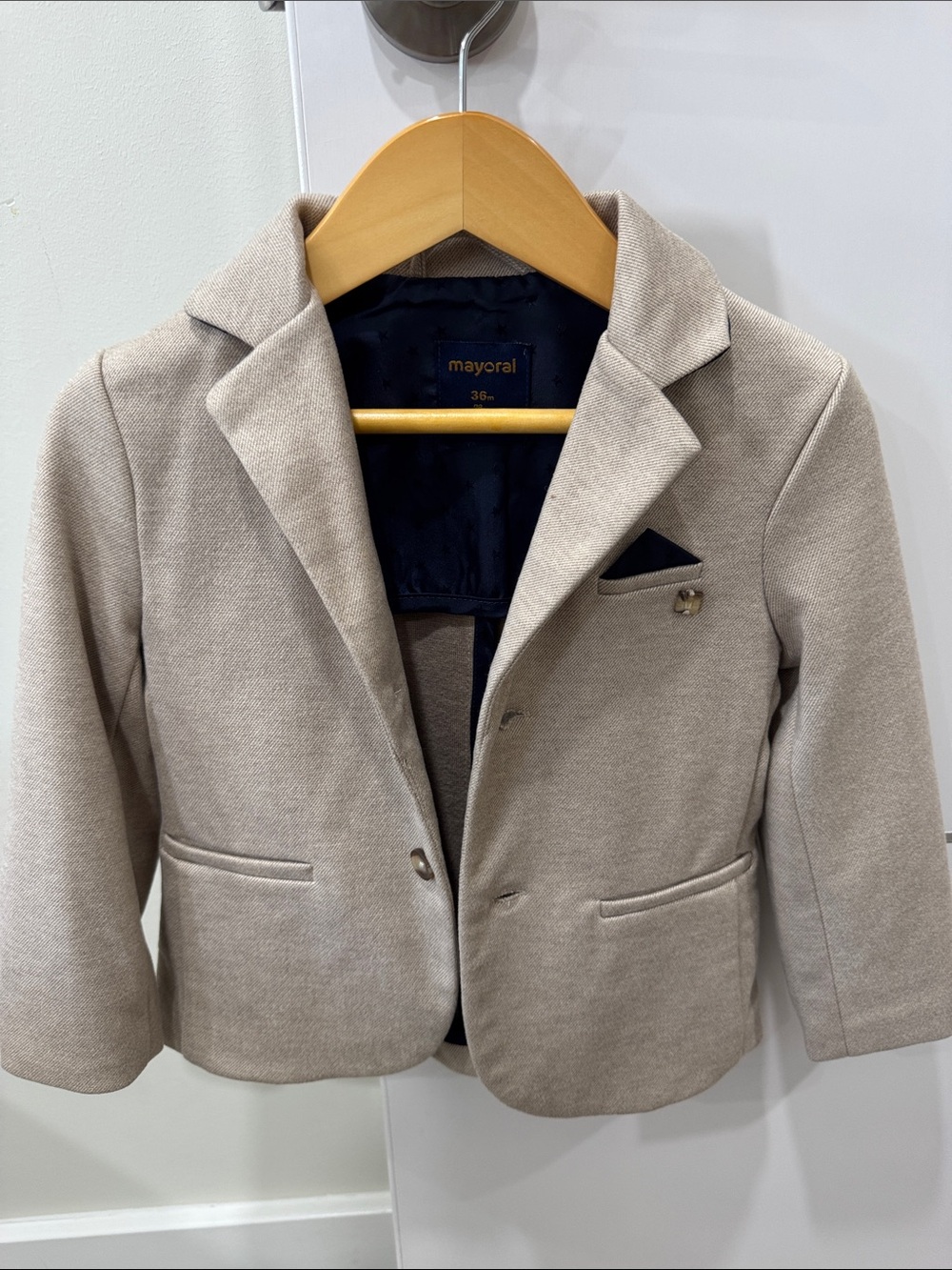 Mayoral Beige Kids Blazer with Navy Pocket Square
